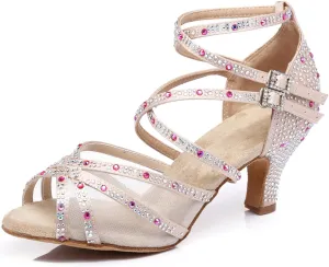 Women's Stylish Sparkle Rhinestones Peep Toe Satin Ballroom Jazz Party Wedding Practice Dance Shoes Nude US 10.5