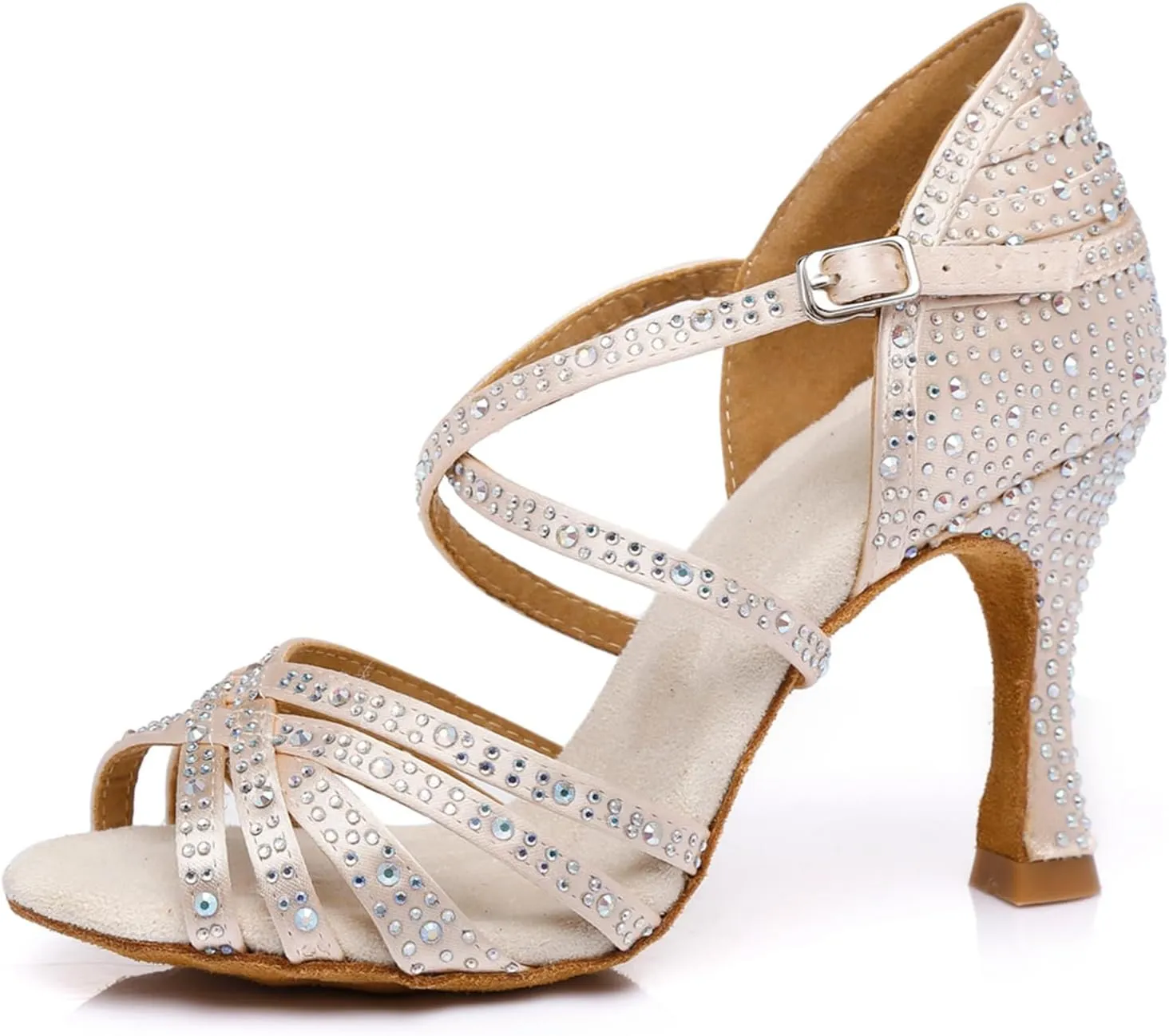 Women's Stylish Sparkle Rhinestones Peep Toe Satin Ballroom Jazz Party Wedding Practice Professional Dance Shoes Nude US 7