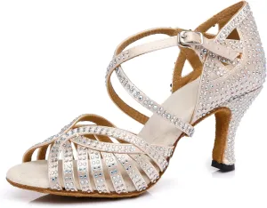 Women's Stylish Sparkle Rhinestones Peep Toe Satin Ballroom Jazz Tango Modern Party Wedding Professional Dance Shoes Nude US 5.5