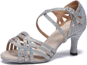 Women's Stylish Sparkle Rhinestones Peep Toe Satin Ballroom Modern Party Wedding Practice Dance Shoes Silver US 6