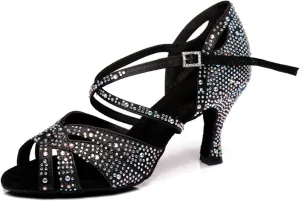 Women's Stylish Sparkle Rhinestones Peep Toe Satin Ballroom Modern Tango Party Wedding Performence Dance Shoes Black US 7