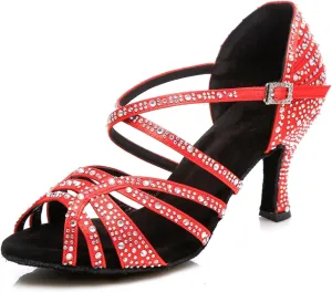 Women's Stylish Sparkle Rhinestones Peep Toe Satin Ballroom Modern Tango Party Wedding Professional Dance Shoes Red US 10.5