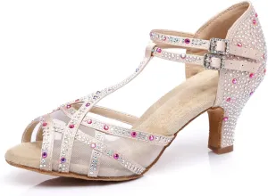 Women's Stylish Sparkle Rhinestones Peep Toe Satin Ballroom Salsa Party Wedding Practice Dance Shoes Nude US 9