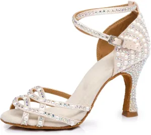 Women's Stylish Sparkle Rhinestones Peep Toe Satin Ballroom Samba Modern Party Wedding Professional Dance Shoes Nude US 8.5