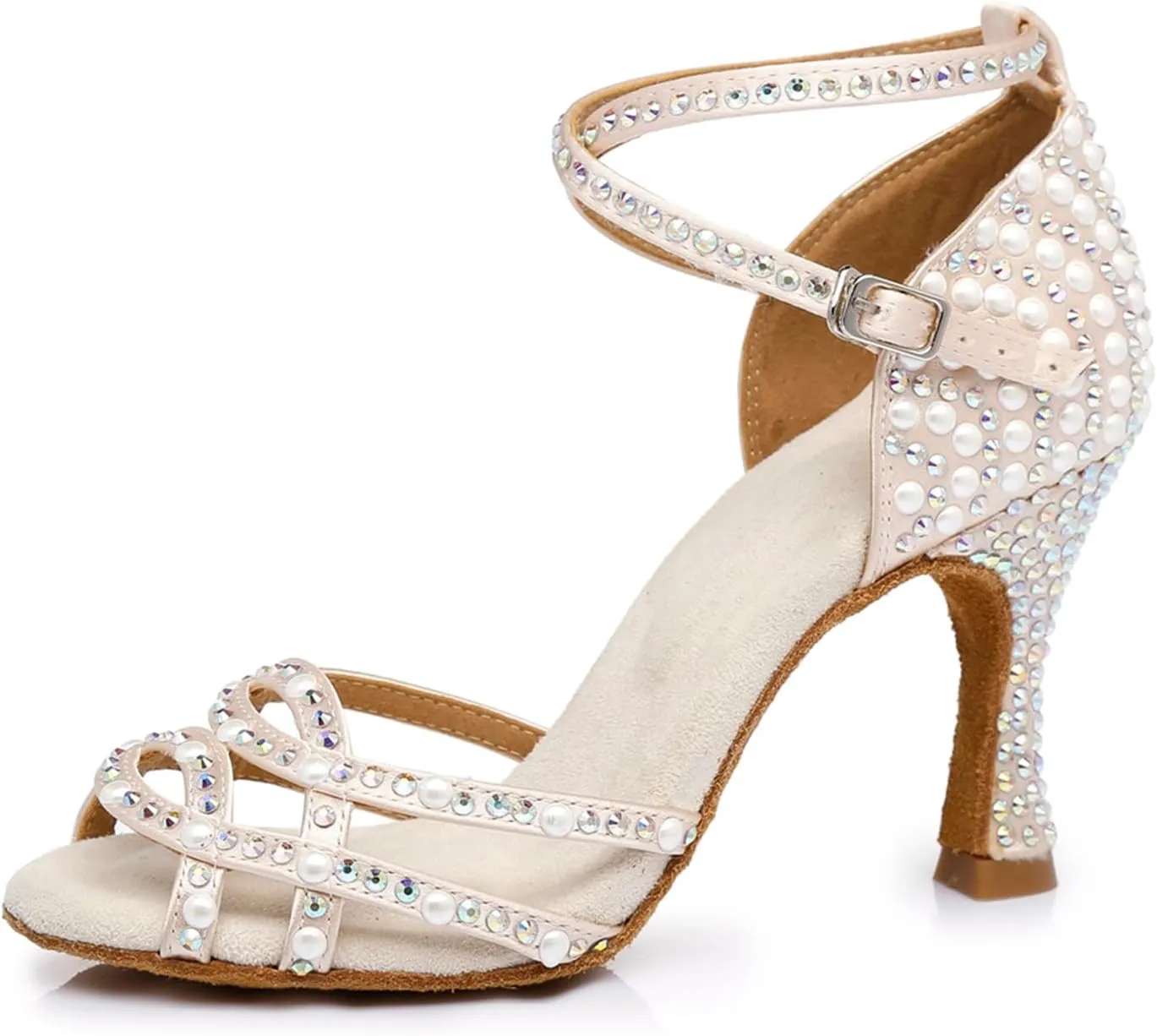 Women's Stylish Sparkle Rhinestones Peep Toe Satin Ballroom Samba Modern Party Wedding Professional Dance Shoes Nude US 8.5